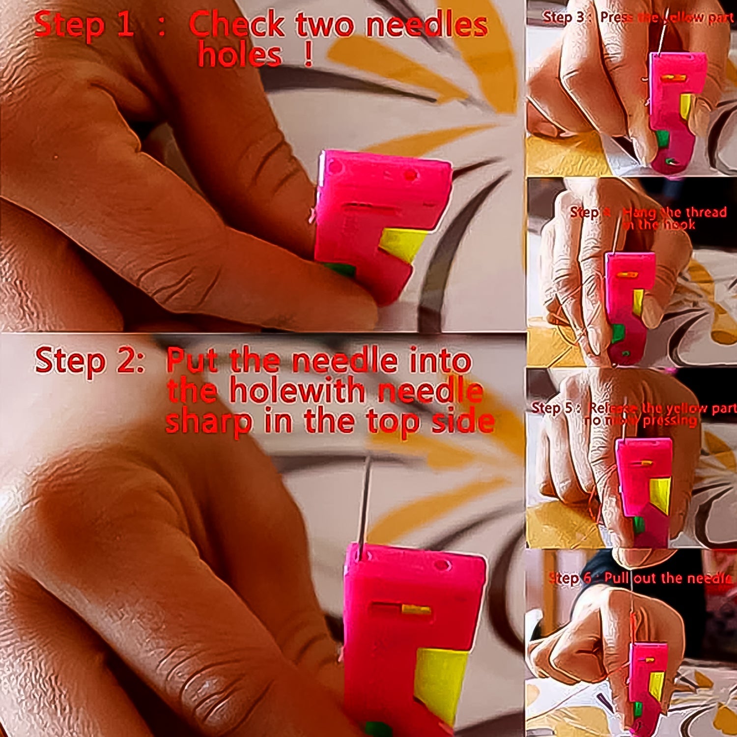 Needle threading device in multicolour with a needle, thread, and threading instructions Needle threading device in multicolour with a needle, thread, and threading instructions